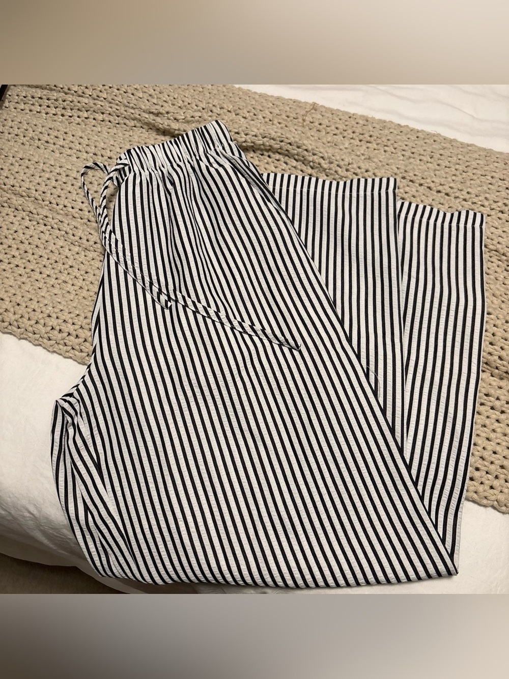 Striped Black & White Linen-Like Pants